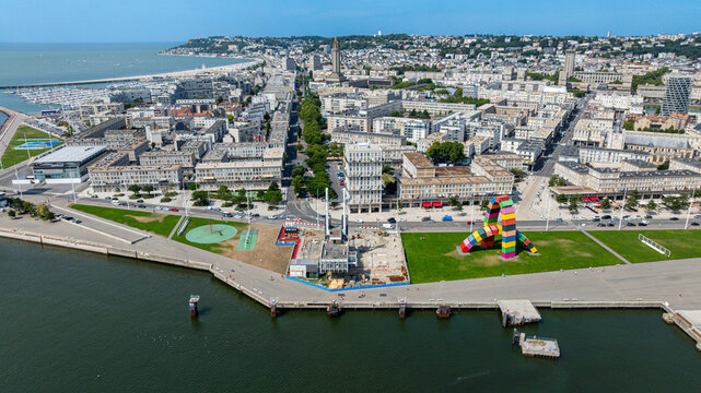 View of Le Havre in Normandy shows modern architecture and coastline near the harbor in France