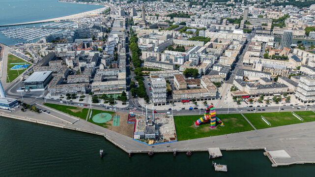 Exploring the UNESCO site of Le Havre from above in Normandy, France during a clear day