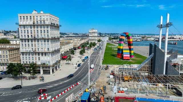 Aerial view of the urban landscape and colorful structures in Le Havre, showcasing architecture and public spaces in Normandy, France