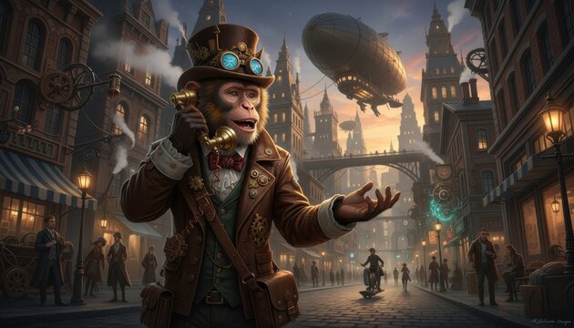 Fashionable monkey in steampunk attire chatting on the phone in a bustling city street at sunset