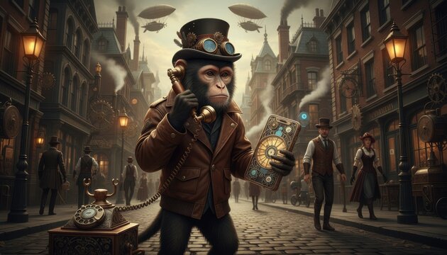 Fashionable monkey in steampunk attire chatting on the phone in a bustling city street at sunset