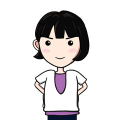 Fototapeta premium Flat Casual Woman Character - Hands on Hips, Serious, Upper Body, Transparent Background