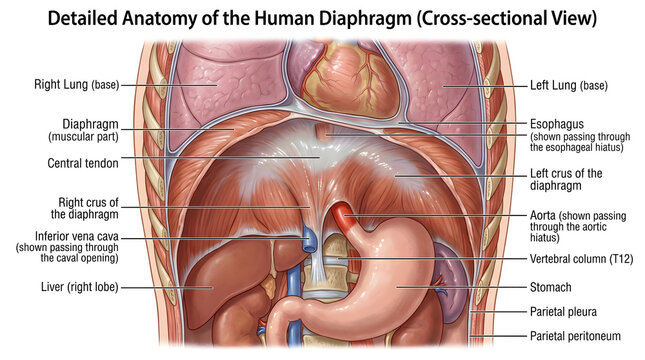Detailed cross‑sectional anatomy of the human diaphragm displaying central tendon, domes beneath right and left lungs, passage of inferior vena cava, esophagus and aorta, and close relationships to li