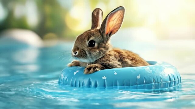 Cute little rabbit swimming in blue inflatable ring in swimming pool on sunny day. Adorable animal enjoying summer vacation. Perfect for children's book illustration or holiday promotion.