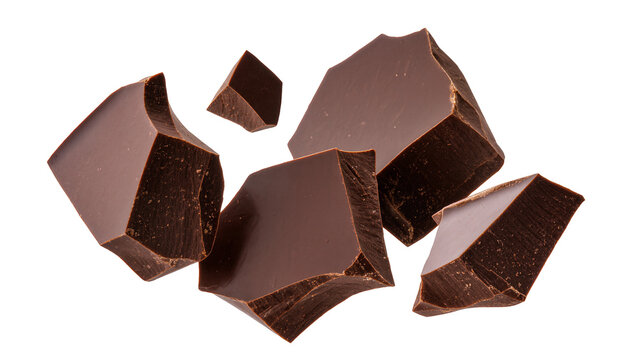 Dark chocolate chunks scattered, isolated on transparent background