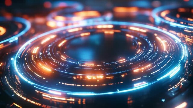 Futuristic Data Circles: A mesmerizing display of interconnected data circles pulsates with vibrant blue and orange light, symbolizing the dynamic flow of information and technological advancement.