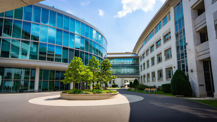 Contemporary glass building courtyard with green trees and walkway under blue sky, architecture © Sadiya Digital