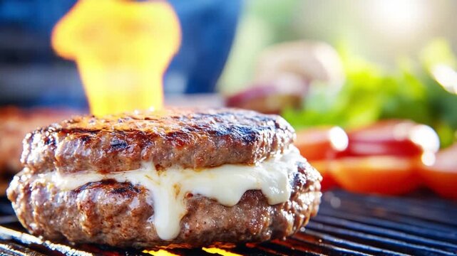 Delicious Grilled Burger: An appetizing grilled burger sizzles to perfection, nestled on a hot grill, complemented by vibrant tomato slices and a hint of fresh green vegetables.