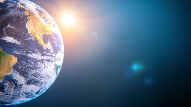 Earth and Sun Harmony: A celestial ballet unfolds as planet earth, bathed in the radiant glow of the sun, floats gracefully against a backdrop of the vast cosmos.