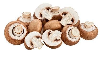 Pile of whole and halved cremini mushrooms, isolated on transparent background © Nicolas