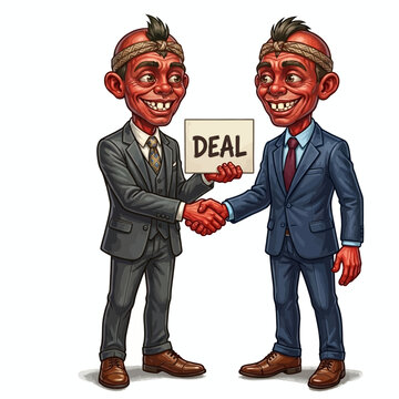 Illustration of two figures in suits sealing a deal with a handshake, the sign indicating the culmination of an agreement and negotiation.