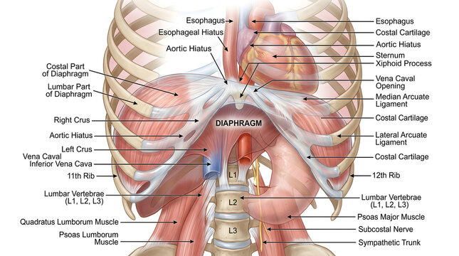 Anterior anatomical view of the human diaphragm showing costal, sternal and lumbar parts, right and left crura, openings for aorta, esophagus and inferior vena cava, and relationships to ribs, vertebr