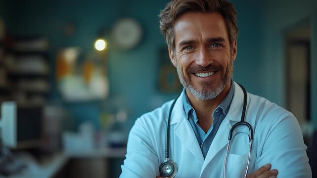 Confident Medical Professional Portrait: A warm, inviting portrait of a seasoned healthcare expert radiating confidence. The doctor, clad in a crisp, white coat, presents a reassuring smile.