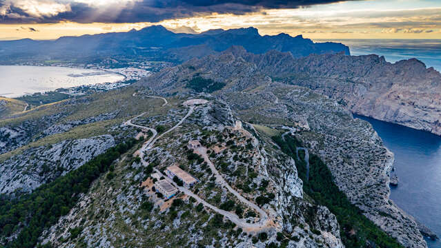Aerial view of Formentor peninsula with Port de Pollenca in background in Mallorca Balearic islands Spain