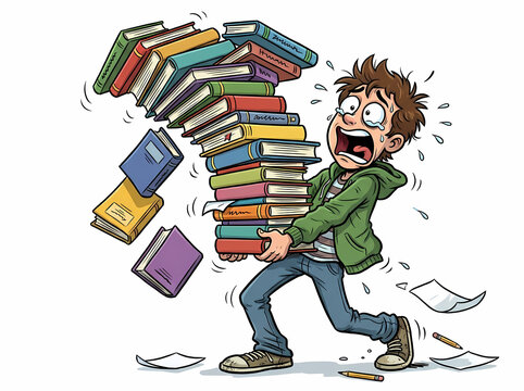 Stressed student struggling with a massive tower of heavy books.