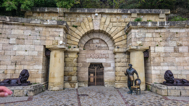 Ostap Bender monument located at a historic site in Pyatigorsk, Stavropol Krai, Russia with detailed stone architecture
