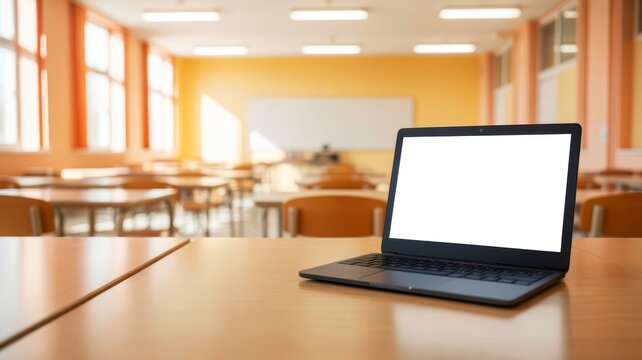 A bright, empty classroom with a laptop on a wooden table, featuring an empty screen and large windows letting in natural light.