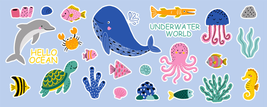 A doodle sticker set featuring marine animals. Cute whale, crab, octopus, seaweed, jellyfish, fish, turtle, dolphin, seahorse, and coral. Underwater life.