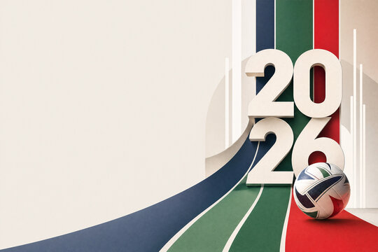 Modern 3D rendering of the year 2026 with a professional soccer ball on a colorful abstract track background with ample copy space for sports event marketing.