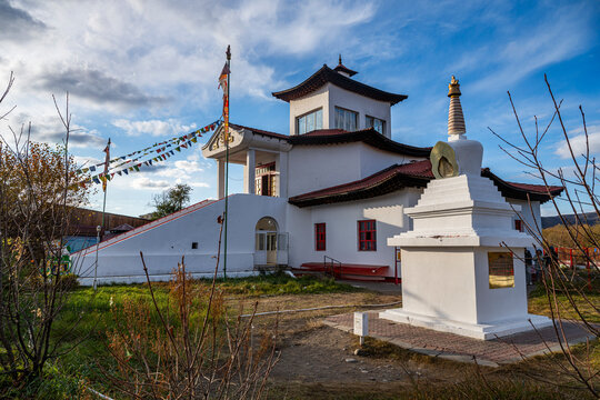Visit to Tsechenling Temple in Kyzyl located in the Republic of Tuva, Russia during a clear day with blue skies