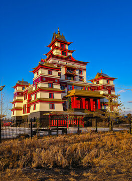 View of Thubten Shedrub Ling monastery with bright blue sky, Kyzyl, Republic of Tuva, Russia during daytime