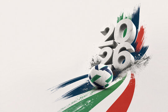 Dynamic soccer ball with colorful brush strokes and large 3D 2026 numbers on a white background, representing the upcoming global football championship tournament for sports fans.