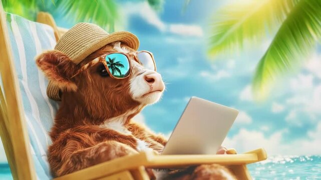 Cute calf lounges on beach chair, sporting sunglasses and straw hat while using laptop by pool, ideal for funny summer and holiday concepts.