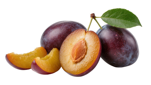 Ripe purple plums with green leaf and slices, isolated on transparent background