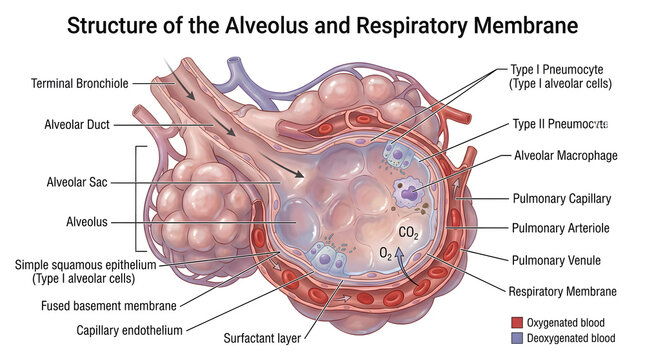 Structure of the alveolus and respiratory membrane showing terminal bronchiole, squamous epithelium, fused basement membranes, capillary endothelium, surfactant layer and blood flow, clarifying how th