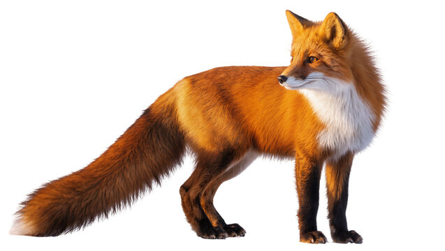 Red fox with bushy tail and white chest, isolated on transparent background