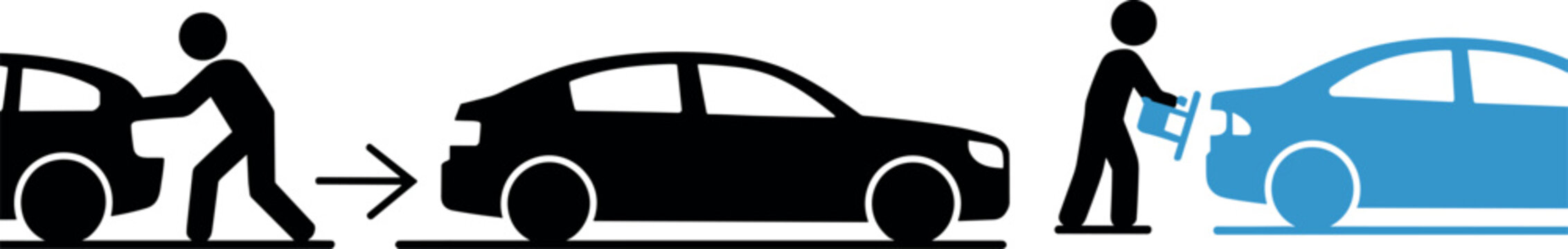 Flat vector icon set showing man pushing broken car and person refueling vehicle with gas canister fuel tank