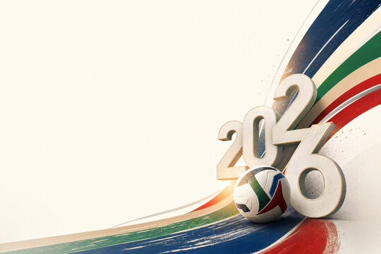 Large 3D numbers 2026 with a soccer ball and dynamic colorful ribbons on a white background for sports marketing and global football championship promotion.