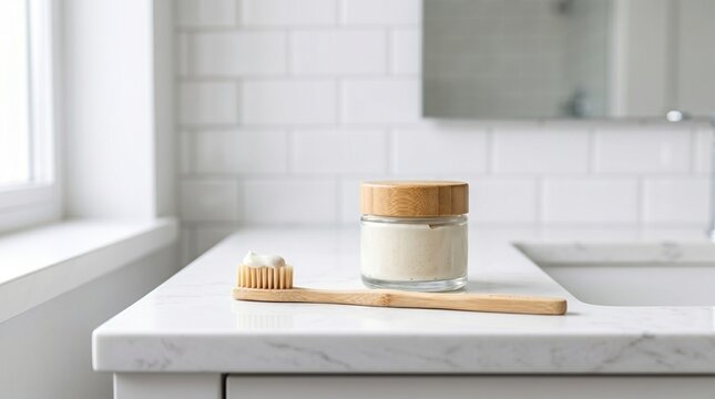 Natural bamboo toothbrush and organic toothpaste jar on minimal white bathroom sink
