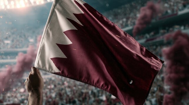 Fan holding the national flag of qatar cheering in a crowded stadium with red smoke.