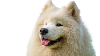 Fototapeta premium Fluffy white Samoyed dog with pink tongue sticking out, isolated on transparent background