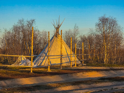 Nenets dwelling in natural setting near Naryan-Mar in Nenets Autonomous Okrug during clear weather