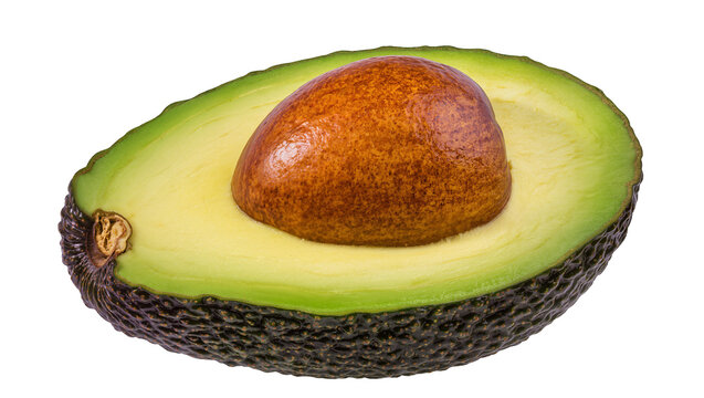 Half avocado with large brown seed, isolated on transparent background