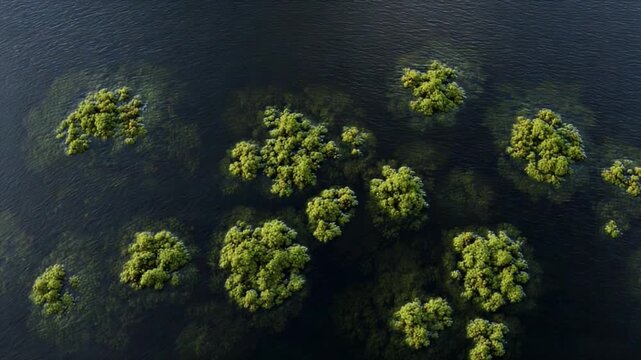 Emerald Islands: An aerial perspective reveals clusters of vibrant green vegetation rising from the depths of a tranquil body of water, creating an ethereal landscape.