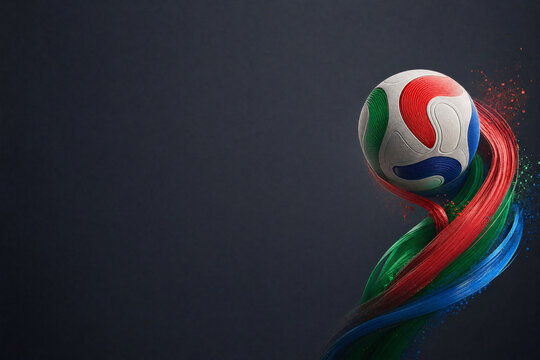 Artistic soccer ball with vibrant red green and blue dynamic paint trails and motion blur against a dark textured background for professional sports advertising and copy space.