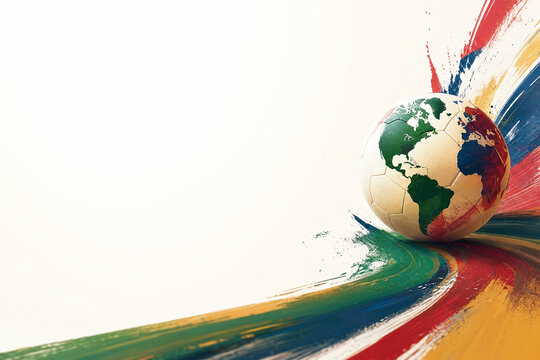 Dynamic artistic illustration of a soccer ball featuring a global world map pattern rolling along a vibrant colorful paint stroke trail on a white background for international sports