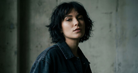 Fototapeta premium Portrait of Young Woman with Dark Hair and Denim Jacket Against Concrete Wall