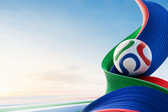 Stylized football with vibrant green blue and red patterns resting on curved colorful ribbons under a bright morning sky for global sports tournament and competition themes.