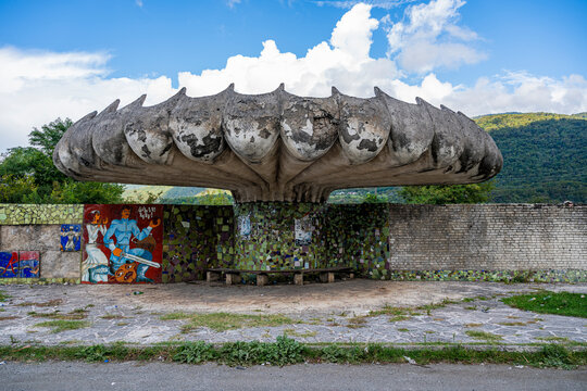 Old bus stop features unique mosaics in Gagra, Abkhazia, showing cultural art and historical design elements