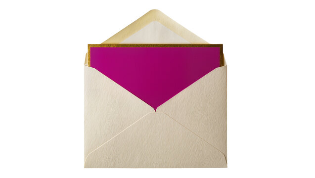 Cream textured envelope with magenta card and gold border, isolated on transparent background