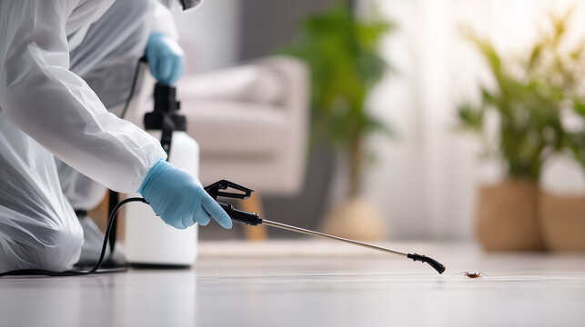 Professional exterminator spraying insecticide on cockroach indoors, illustrating pest control service, home sanitation and infestation prevention concept.
