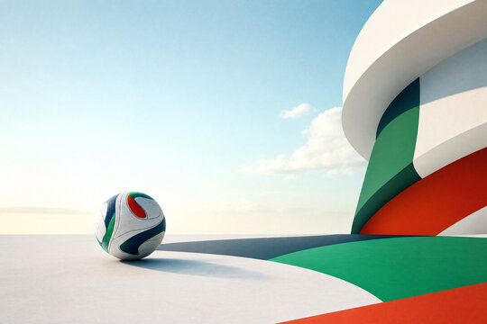 Modern soccer ball with green and red patterns resting on a platform outside a futuristic stadium structure under a bright blue sky, ideal for international sports event themes.