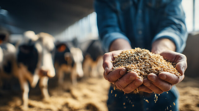 Close up of farmer hands holding livestock feed inside modern barn, symbolizing sustainable agriculture and animal farming nutrition concept.