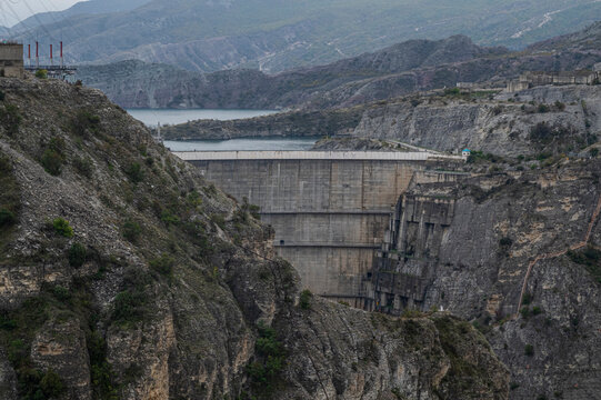 Construction and structure of a dam near a canyon in Dagestan, Russia during cloudy weather