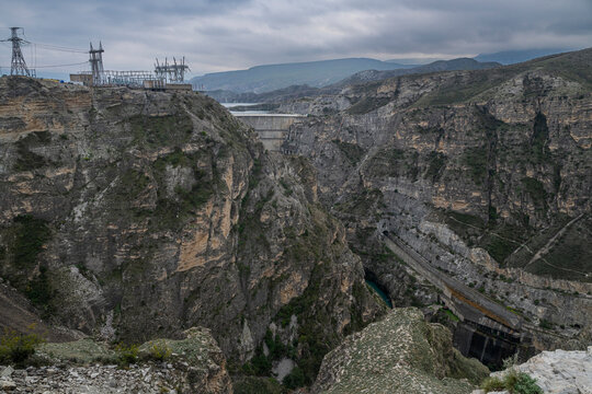 Power station and rocky landscape in Dagestan, Russia show natural features and human-made structures near river valley
