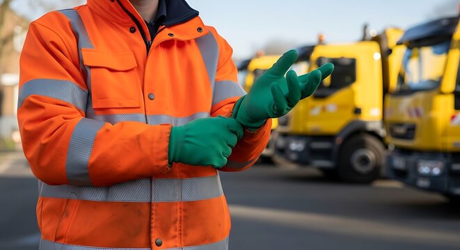 Person in orange reflective safety jacket and green gloves gesturing near yellow trucks